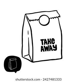 Hand drawn set of a take away bag. Vector illustration Burger house and take away. Doodle takeaway box.