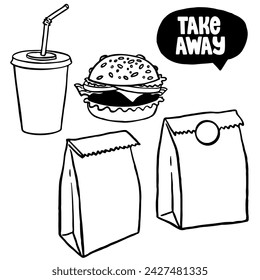 Hand drawn set of a take away bag. Vector illustration Burger house and take away. Doodle takeaway box.