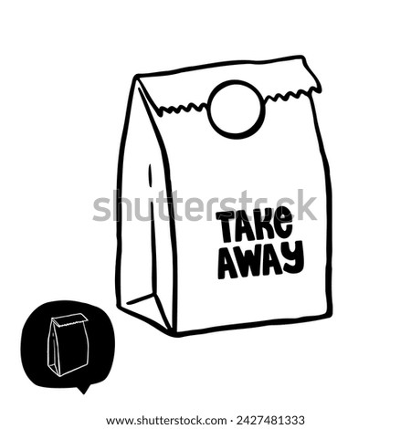 Hand drawn set of a take away bag. Vector illustration Burger house and take away. Doodle takeaway box.