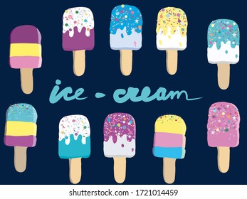 Hand drawn set of tasty colourful ice cream popsicles on a stick with different toppings and flavor. Vector illustration for web design or print.