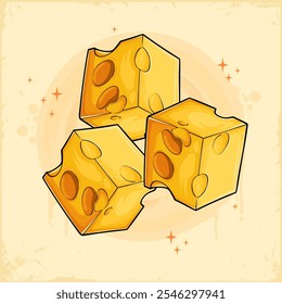 Hand drawn set of tasty delicious yellow holed eyes Swiss cheese squared portions , ready to eat  