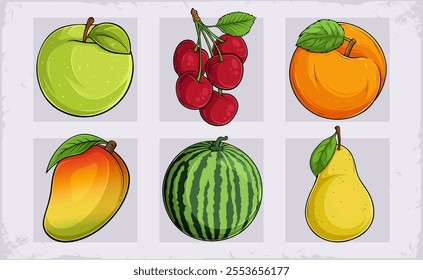 Hand drawn set of tasty tropical fruits apple, cherries , apricot, watermelon, yellow pear, mango