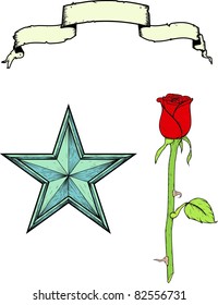 Hand drawn set Hand drawn tattered banner, nautical beveled star and rose