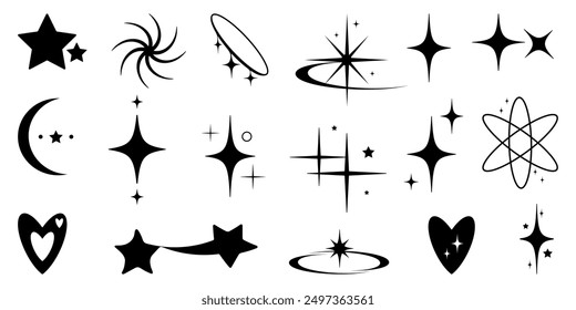 Hand Drawn Set of Tattoo art stickers 90s - 2000s in trendy Y2k Aesthetic Style. Simple geometric y2k shapes. Retro lines vintage elements, sparkle star, heart. Isolated Vector illustration.