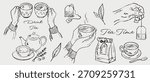 Hand drawn set of tea accessories. Hand holding cup of drink, paper bag. Tea bag drawing. Vector sketch illustration in vintage style. International tea day celebration. Winter cozy drink
