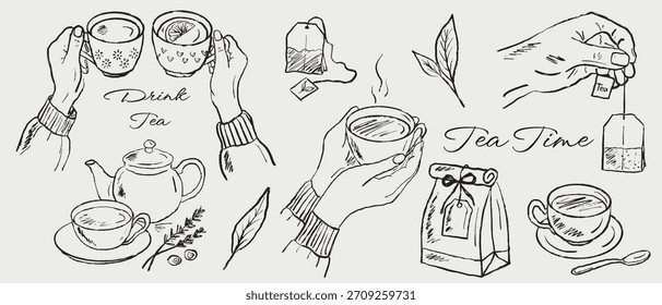 Hand drawn set of tea accessories. Hand holding cup of drink, paper bag. Tea bag drawing. Vector sketch illustration in vintage style. International tea day celebration. Winter cozy drink