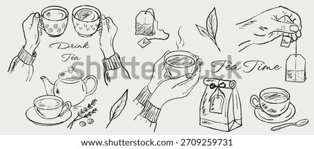 Hand drawn set of tea accessories. Hand holding cup of drink, paper bag. Tea bag drawing. Vector sketch illustration in vintage style. International tea day celebration. Winter cozy drink