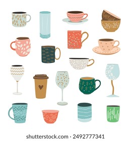 Hand drawn set of tea or coffee cups, mugs, glasses with different ornaments in Scandinavian style. isolated vector illustrations on white. Clip arts with ceramic crockery.