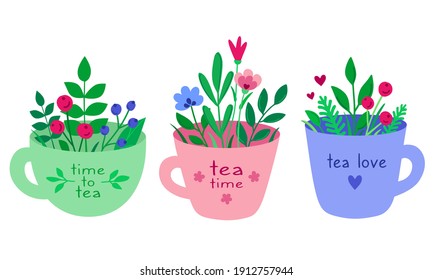 Hand drawn set of tea cup with berries, herbs and flowers. Cute tea mug in cartoon flat style isolated on a white background. Teatime. For greetings, cards, spring brochures, tea shop, menu. Vector.
