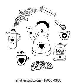 Hand drawn set of tea. Sketch. Tea bag, sugar, mint, honey, cup, tea pot, cinnamon. Vector illustration.