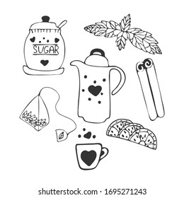 Hand drawn set of tea. Sketch. Tea bag, sugar, mint, cup, tea pot, cinnamon. Vector.