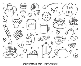 Hand drawn set of Tea time doodle icons. Teapots, cups, lemon and sweets in sketch style. Vector illustration isolated on white background