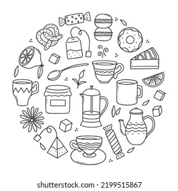 Hand drawn set of Tea time doodle icons. Teapots, cups, lemon and sweets in sketch style. Vector illustration isolated on white background