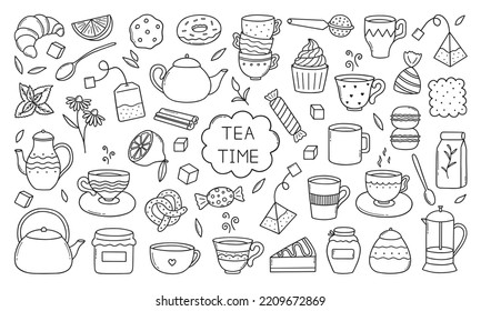 Hand drawn set of Tea time doodle icons. Teapots, cups, lemon and sweets in sketch style. Vector illustration isolated on white background