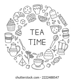 Hand drawn set of Tea time doodle icons. Teapots, cups, lemon and sweets in sketch style. Vector illustration isolated on white background