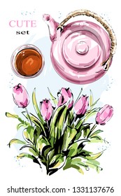 Hand Drawn Set With Teapot, Tea Cup And Flowers. Cute Tulips And Crockery. Beautiful Tableware. Sketch. Vector Illustration.