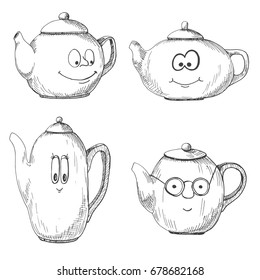 Hand drawn a set of teapots in the cartoon style. Vector illustration of a sketch style.