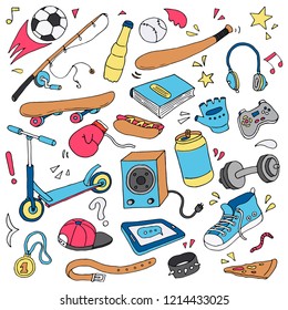 Hand drawn set of teenage lifestyle elements: skate, shoes, headphones, scooter, soccer ball, bat. Doodle sketch style design for your poster, card, background. Vector illustration drawn by brush-pen 