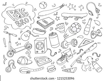 Hand drawn set of teenage lifestyle elements: skate, shoes, headphones, scooter, soccer ball, bat. Doodle sketch style design for your poster, card, background. Vector illustration drawn by brush-pen 