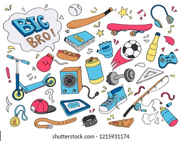 Hand drawn set of teenage lifestyle elements: skate, shoes, headphones, scooter, soccer ball, bat. Doodle sketch style unique text: Big Bro. Vector illustration drawn by brush-pen.