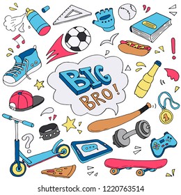 Hand drawn set of teenage lifestyle elements: skate, shoes, headphones, scooter, soccer ball, bat. Doodle sketch style unique text: Big Bro. Vector illustration drawn by brush-pen.