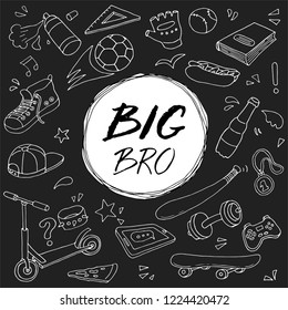 Hand drawn set of teenage lifestyle elements: skate, shoes, headphones, scooter, soccer ball, bat. Doodle sketch style unique text: Big Bro. Vector illustration drawn by brush-pen.