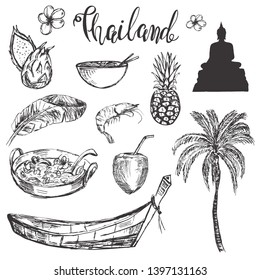 Hand drawn set with hand drawn Thailand accosiated symbols: fruits, food, culture