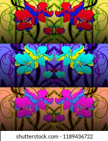 Hand drawn set of three patterns in art Nouveau style. Vector illustration.Ornate floral background .  Modern design for textiles, printing.