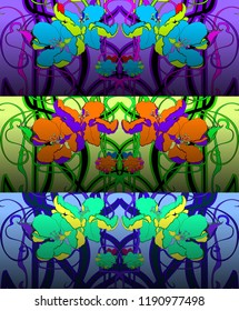 Hand drawn set of three patterns in art Nouveau style. Vector illustration.Ornate floral background .  Modern design for textiles, printing.
