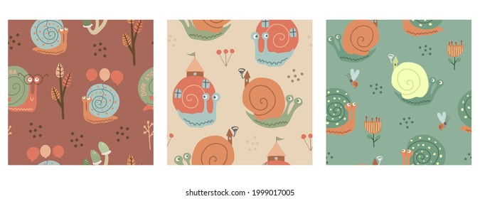 Hand drawn set of three seamless patterns with cute snails in glasses with text - Book store- on shell and snail with air balloons, snails with houses on shells.