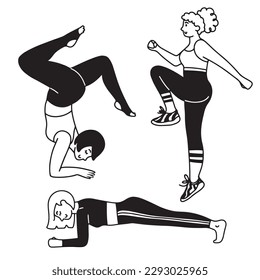 Hand drawn set with three women training and doing exercises, isolated vector illustration in line style