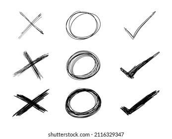 Hand drawn set of Tick and cross signs. checkmark OK and X icons YES and NO symbols, frames doodle loops on white background, vector design elements.