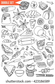 Hand drawn set - Time to cook, food, vegetables, fruits and cooking utensils