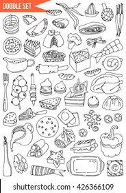 Hand drawn set - Time to cook, food, vegetables, fruits and cooking utensils