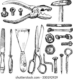 Hand drawn set of tools and fasteners for repair. Vector.