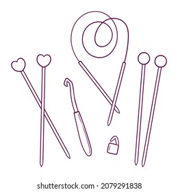 Hand drawn set of tools for knitting, knitting needles and crochet isolated on white background