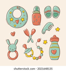 Hand drawn set of toys and accessories for baby