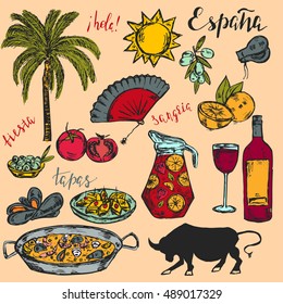 Hand drawn set of traditional  spanish elements and food. Translation of words "hello. Spain. holiday."