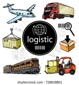 Hand drawn set with transport logistic. Airplane, truck, train and ship