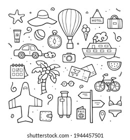 Hand drawn set of travel elements. Suitcase, starfish, palm tree, plane, ship, passport. Doodle sketch style. Vector outline illustration for banner, website, background and more.