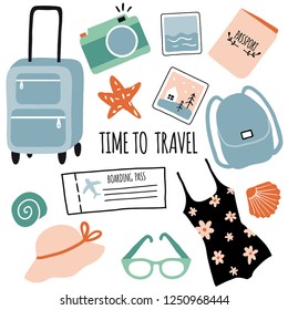 Hand drawn set with travel objects: suitcase, bag, camera, hat and other stuff. Collection about travel, vacation, adventure, journey. Tourism and summer doodle Illustrations sketch
