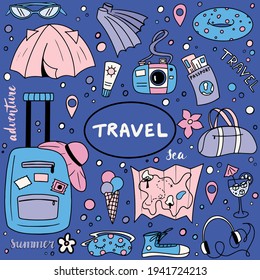 Hand drawn set with travel objects: suitcase, bag, camera, hat and other stuff. Travel texture, vacation, adventure, journey. Tourism and summer doodle Illustration