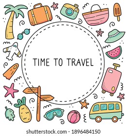 Hand drawn set of travel summer vacation elements, luggage, map, suitcase, sea star. Doodle sketch style. Travel element drawn by digital pen. Illustration for banner, background, icon, logo design.