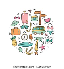 Hand drawn set of travel summer vacation elements, luggage, map, suitcase, sea star. Doodle sketch style. Travel element drawn by digital pen. Illustration for banner, background, icon, logo design.