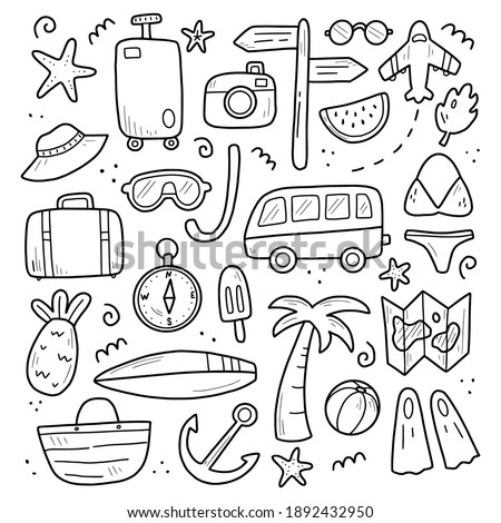 Hand drawn set of travel summer vacation elements, luggage, map, suitcase, sea star. Doodle sketch style. Travel element drawn by digital pen. Illustration for banner, background, icon, logo design.