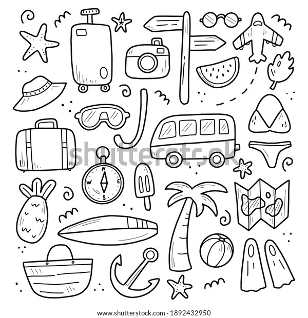 Hand drawn set of travel summer vacation\
elements, luggage, map, suitcase, sea star. Doodle sketch style.\
Travel element drawn by digital pen. Illustration for banner,\
background, icon, logo\
design.