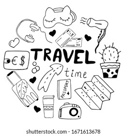 Hand drawn set of travel time elements. Cactus in the pot, map, camera, thermo mug, suitcase, passport, tickets, mask for sleep and other. 