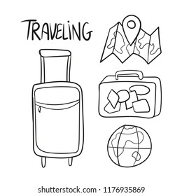 Hand drawn set of travel vector doodles - black and white