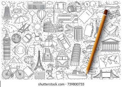 Hand drawn set of travel vector doodles