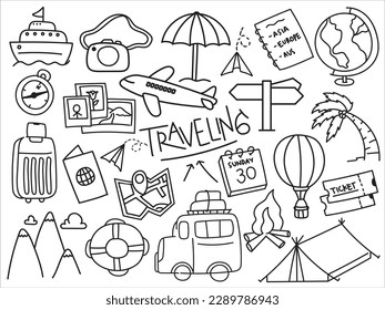 Hand drawn set of traveling doodle icons. Holiday Vacation travel journey.